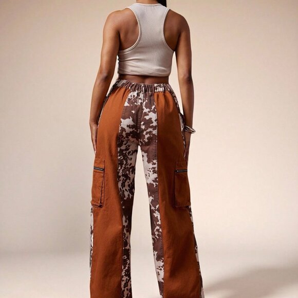 Multicolor Casual Women's Leopard Print Baggy Cargo Fold Over Jeans - Picture 2 of 5